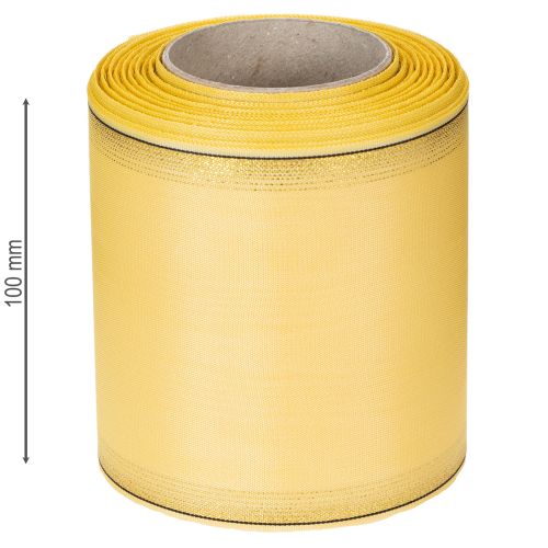 kohteita Koristeellinen moiré-seppelenauha, keltainen, kultareunainen, leveys 100 mm, pituus 25 m, floristiikkaan ja koristeluun.