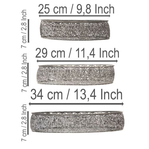 kohteita Koristeellinen metallinen kulho, soikea kuvio, harmaa, 25,5/29/34,5 cm, 3 kpl:n setti