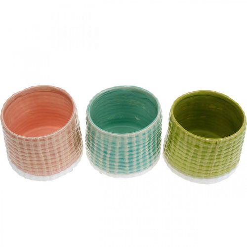 Floristik24 Koristeelliset ruukut korikuviolla, istutuspöytä, keraaminen istutuslautanen minttu/vihreä/pinkki Ø13cm 3kpl