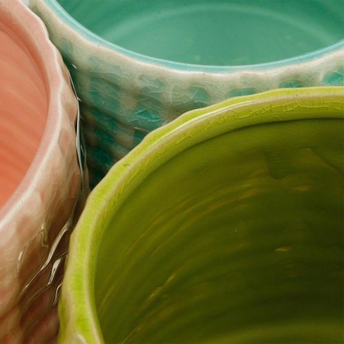 Floristik24 Koristeelliset ruukut korikuviolla, istutuspöytä, keraaminen istutuslautanen minttu/vihreä/pinkki Ø13cm 3kpl