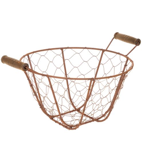 Vintage pyöreä metallikori puisilla kahvoilla, metallikori, ruosteenvärinen, Ø22cm