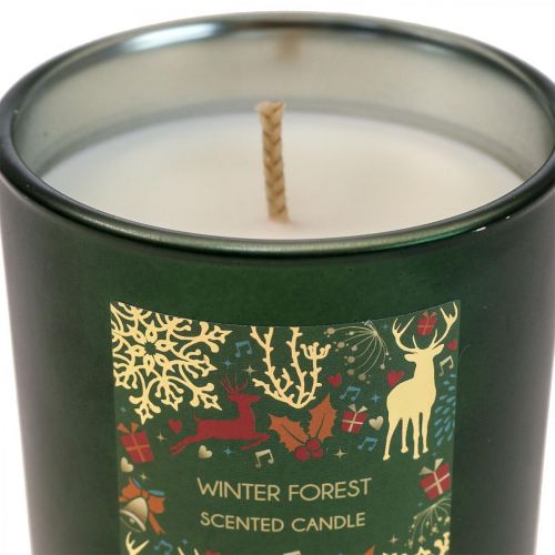 Tuoksukynttilä Joulu talvi metsä kynttilän lasi vihreä Ø7/H8cm