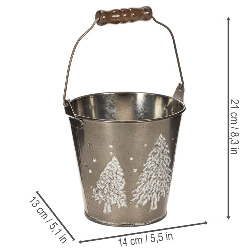 Koristeellinen ämpäri kuusilla ja puisella kahvalla, 13 cm | Floristik24.fi