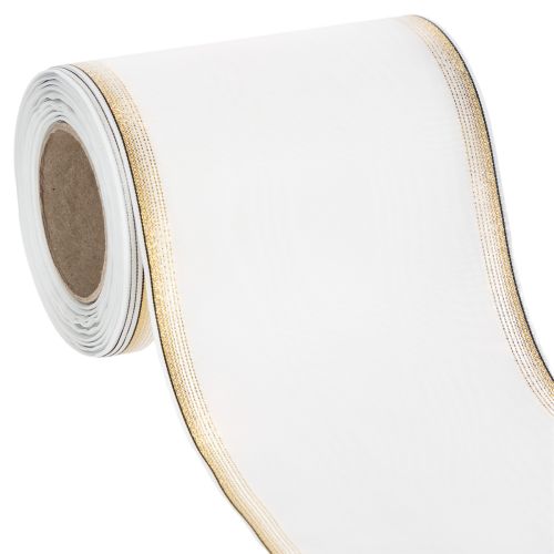 Elegantti Moiré-seppelenauha, 125 mm, valkoinen kultareunuksella - Laadukas koristenauha kukkakauppoihin ja juhliin ostaa | Floristik24.fi