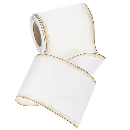 Elegantti Moiré-seppelenauha, 125 mm, valkoinen kultareunuksella - Laadukas koristenauha kukkakauppoihin ja juhliin | Floristik24.fi
