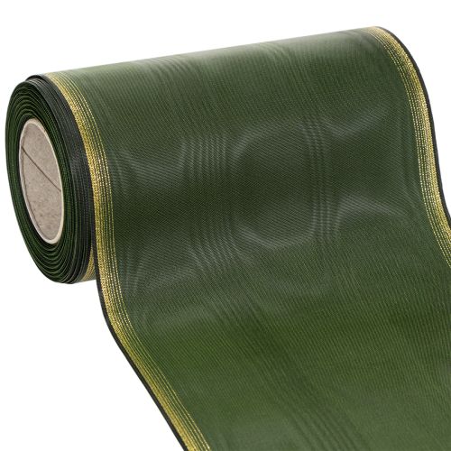 Elegantti moiré-seppelenauha, 175 mm, tummanvihreä helmiäisreunuksella ja taftikudoksella juhlatilaisuuksiin ostaa | Floristik24.fi