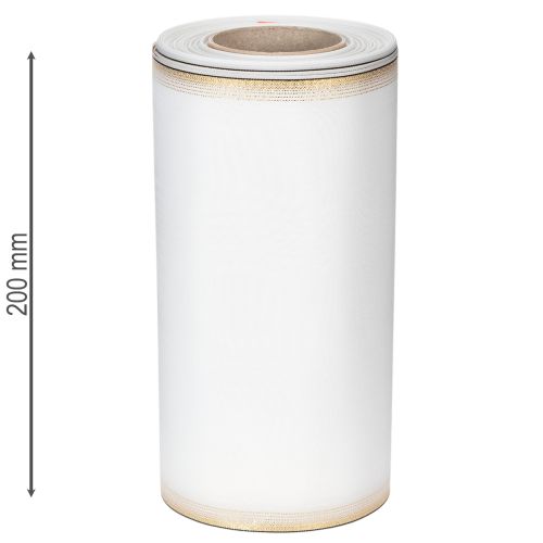 kohteita Elegantti moiré-seppelenauha, 200 mm valkoinen kultahelmireunuksella ja erikoisviimeistelyllä, 25 m - Täydellinen koristeluun ja juhliin