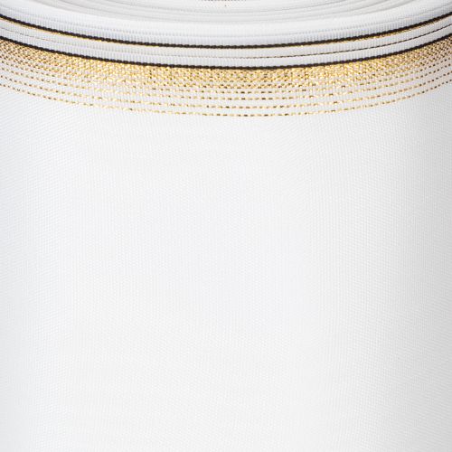 Elegantti moiré-seppelenauha, 200 mm valkoinen kultahelmireunuksella ja erikoisviimeistelyllä, 25 m - Täydellinen koristeluun ja juhliin | Floristik24.fi