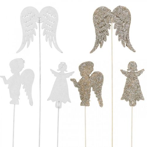 Floristik24 Adventtitulppa enkeli, siivet kiinnitettäväksi, puinen enkeli, joulukoristeet luonnollinen, valkoinen, kulta glitter 18 kpl