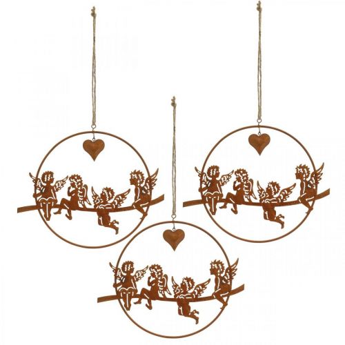 Floristik24 Jouluenkeli renkaassa, adventtikoriste, hääkoriste, metallikoriste Rust Ø20cm 3kpl.