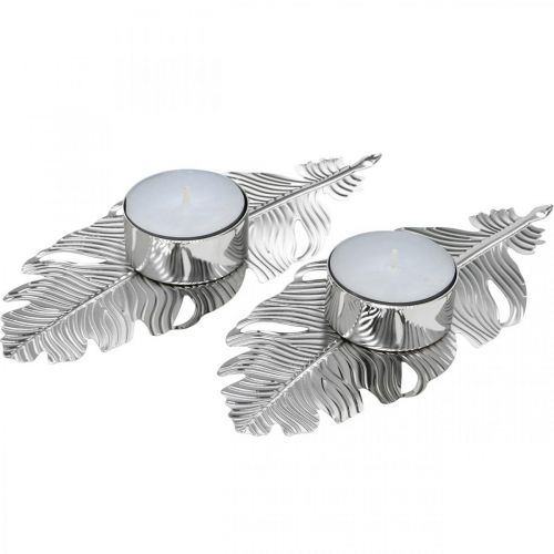 Floristik24 Tealight holder Höyhenet, Adventtikoriste, Metallinen koriste, Kynttilänpidike Hopea Ø3,8cm L16,5cm 4kpl.