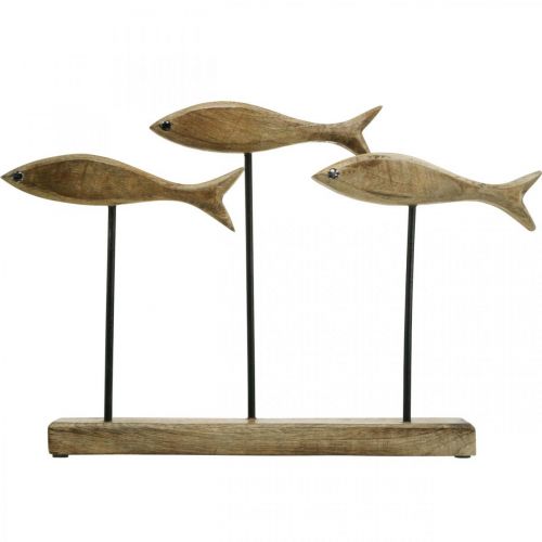 Floristik24 Merikoristeita, koristeveistos, puinen kala telineessä, luonnollinen väri, musta K30cm L45cm