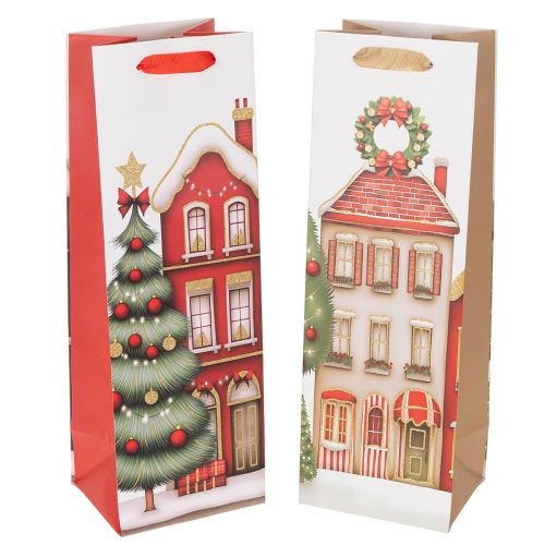 Lahjapussi pullo Joulutalo ja joulukuusi 36cm 2kpl