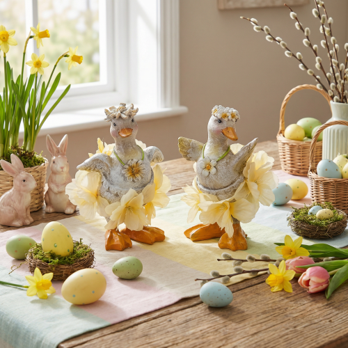 kohteita Koristeellinen ankkahahmo kukkamekossa, kevät, yksityiskohtainen kesäkoriste, 11 cm, 2 kpl