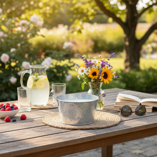 kohteita Sinkkiämpärissä oleva kynttilä tunnelmalliseen terassin ja parvekkeen koristeluun 15 cm