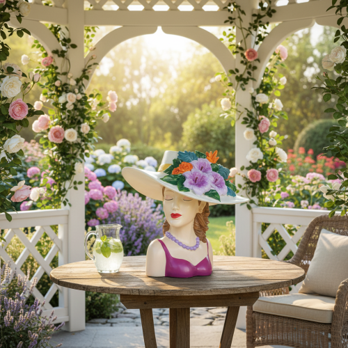 kohteita Kukkamaljakko nainen hatussa kukkien kanssa ruukkukoriste sisä- ja ulkokäyttöön 20cm