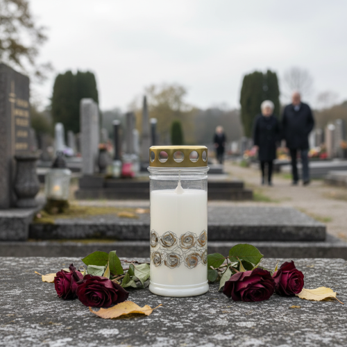 kohteita Hautakynttilä valkoisia ruusuja kultainen suruvalo Ø7cm K18cm 77h