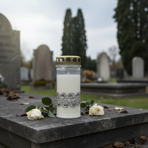 kohteita Hautakynttilä valkoiset ruusut hopea suruvalo Ø7cm K18cm 77h