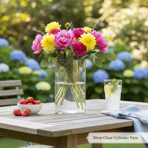 kohteita Kukkamaljakko, kapea lasinen lieriö, voidaan käyttää lasimaljakkona tai korkeana koristelasina, 30 cm