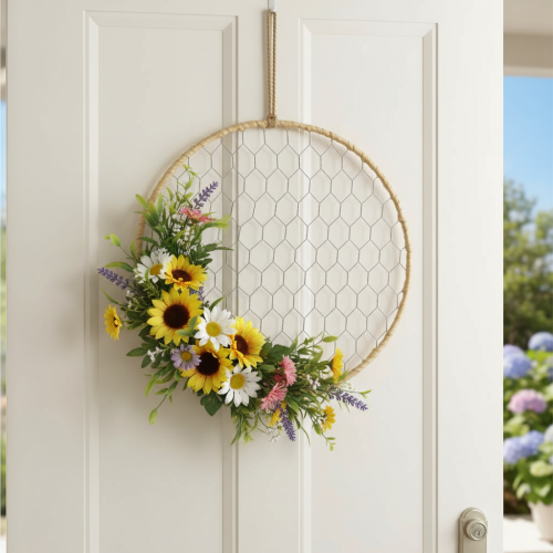 kohteita Koristeellinen metallirengas Ø38cm, riippuva koriste, raffia, hopea, luonnollinen, boheemi seinäkoriste, monipuolinen sisustus, 4 osaa