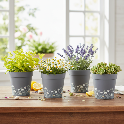 kohteita Kukkaruukku kukkakuviolla moderniin kotiin ja kesäparvekkeen sisustukseen, 13 cm, 4 kpl