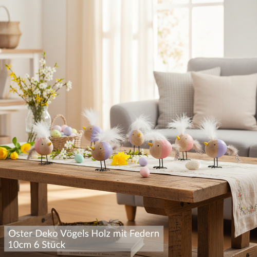 kohteita Koristeellinen puinen lintu höyhenillä ja värikkäällä vartalolla pöytäkoristeeseen, 10 cm, 6 kpl
