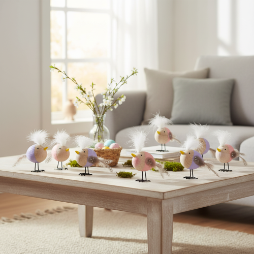 kohteita Koristeellinen puinen lintu höyhenillä ja värikkäällä vartalolla pöytäkoristeeseen, 10 cm, 6 kpl