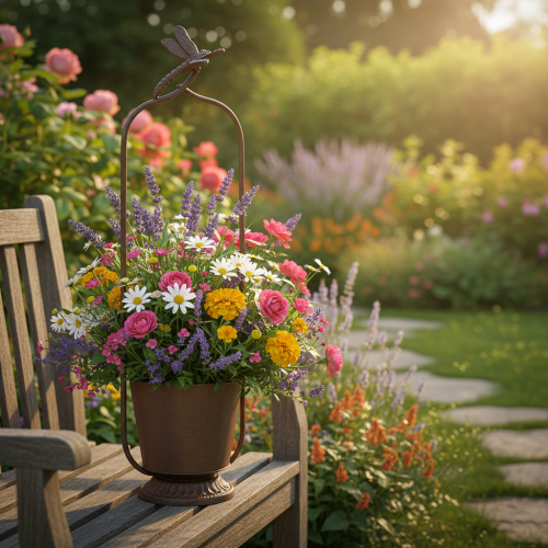 kohteita Vintage-istutuslaatikko säleiköllä, sudenkorentokuvio, metalli, Ø16/K62cm