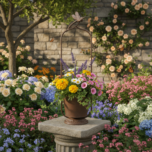 kohteita Vintage-istutuslaatikko säleiköllä, sudenkorentokuvio, metalli, Ø16/K62cm