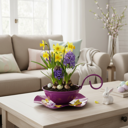 kohteita Koristeellinen metallinen teekuppi lautasella, violetti, Ø11,5 cm, K8 cm, 2 kpl