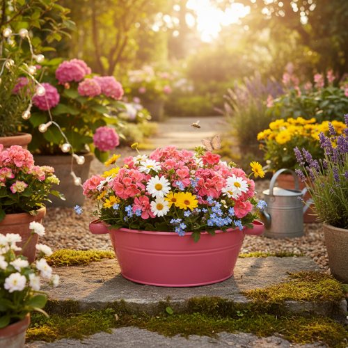 kohteita Vaaleanpunainen metallinen kukkakulho kahvoilla, pyöreä, Ø33,5 cm