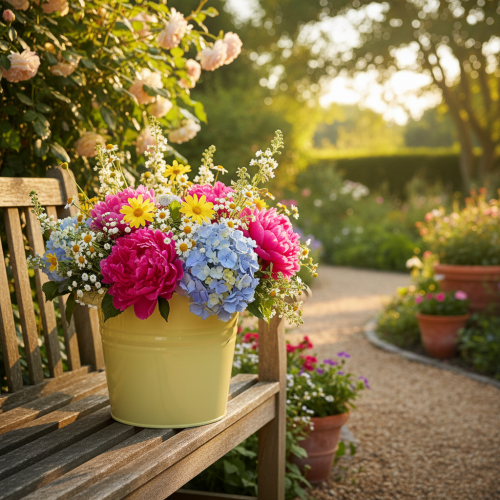 kohteita Koristeellinen metallinen kukkaruukku, vihreä/keltainen, 31x26x21.5cm