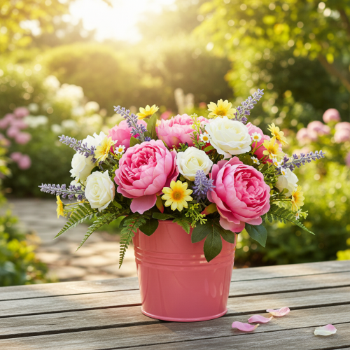 kohteita Metallinen kukkaruukku ämpäri vaaleanpunainen kahva 16x17.5x16cm 2kpl