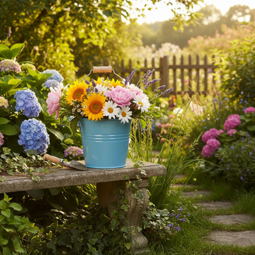 kohteita Koristeämpäri, metalli, puinen kahva, kukkaruukku, sininen, 16 cm korkea, 2 kpl