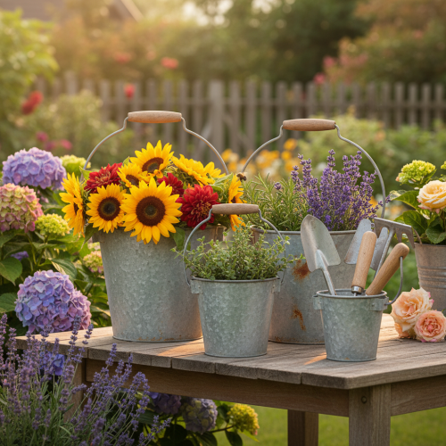 kohteita Koristeellinen metalliämpäri ruosteenpunainen vintage Ø15/17.5/22cm 3 kpl:n setti