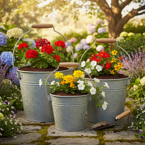 kohteita Koristeellinen metalliämpäri ruosteenpunainen vintage Ø15/17.5/22cm 3 kpl:n setti