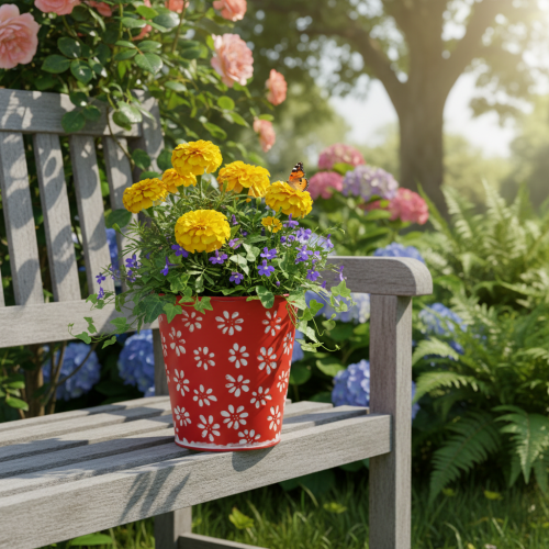 kohteita Punavalkoinen kukkaruukku, metallinen, Ø12,5cm, korkeus 11,5cm