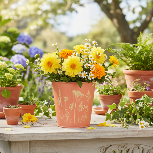 kohteita Kukkaruukku kukkakoristeella, aprikoosinkeltainen, Ø10.5cm K10.5cm