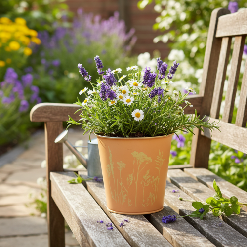 kohteita Metallinen kukkaruukku, istutusastia, persikankeltainen, Ø11,5cm, korkeus 11,5cm