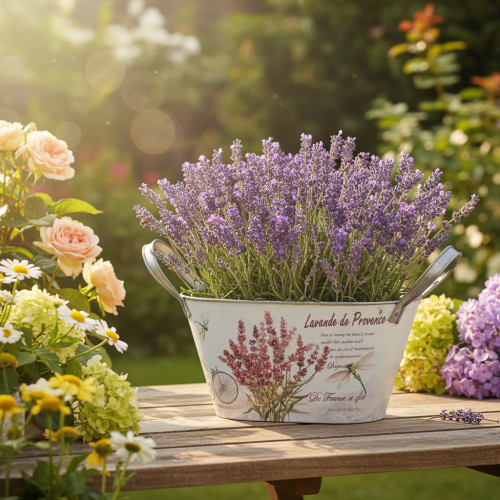 kohteita Soikea metallinen kukkakulho kahvoilla, laventeli, 32 × 15 × 15 cm