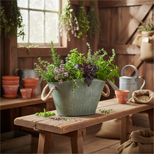 kohteita Kukkaruukku kahvoilla, pussi, metalli, juutti, 24,5 × 17 × 15,5 cm