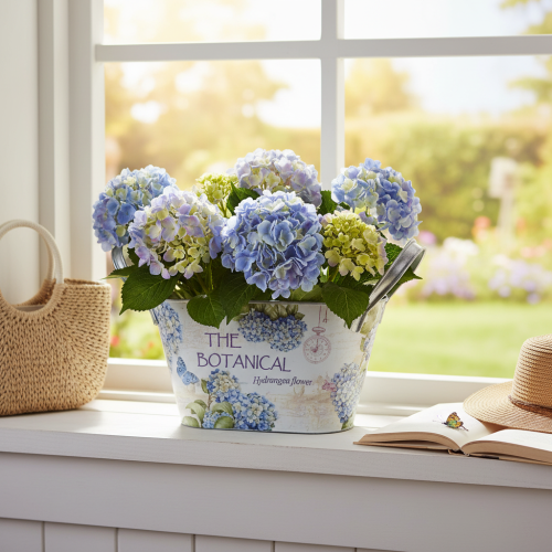 kohteita Kukkakulho kahvoilla, hortensiakuvio, metalli, 26 × 13 × 14,5 cm