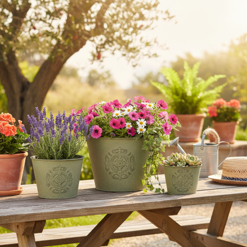 kohteita Metallinen kukkaruukku, vihreä, vintage, Ø22cm–13.5cm, 3 kpl setti