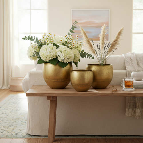 kohteita Koristeelliset maljakot, messinginkeltaiset, metallimaljakot Ø18/15/12,5 cm, 3 kpl:n setti