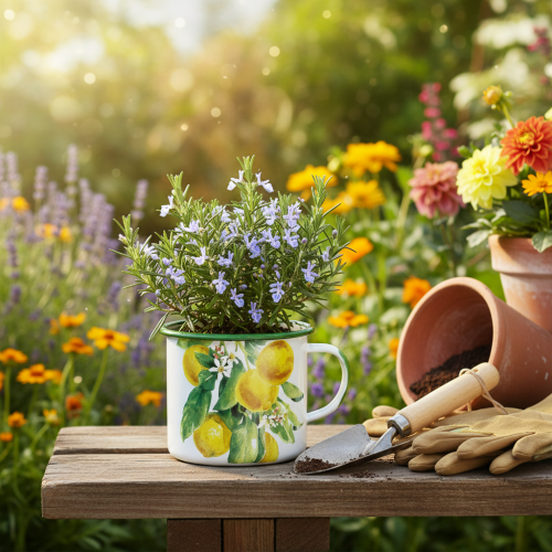 kohteita Emaloitu ruukku, koristeellinen ruukku sitruunanoksalla, välimerellinen istutusastia Ø9,5 cm, korkeus 10 cm