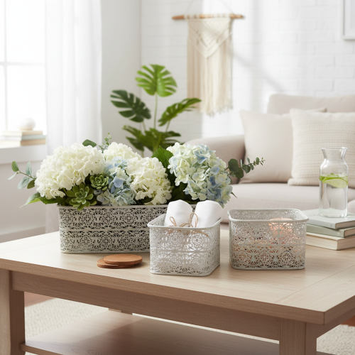 kohteita Metalliset pitsikuvioiset kulhot, koristeellinen rasia, neliönmuotoinen, shabby chic, valkoinen, 27/23/19 cm, korkeus 13,5 cm, 3 kpl setti