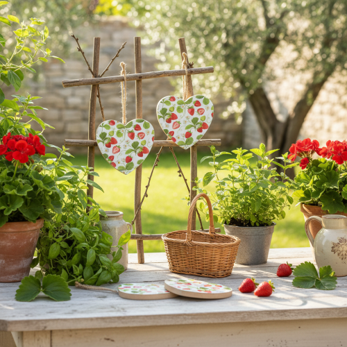 kohteita Koristeellinen sydän mansikka-aiheella – kesäinen puinen riipus maalaistyyliseen sisustukseen, 10 cm x 10 cm, 4 kpl