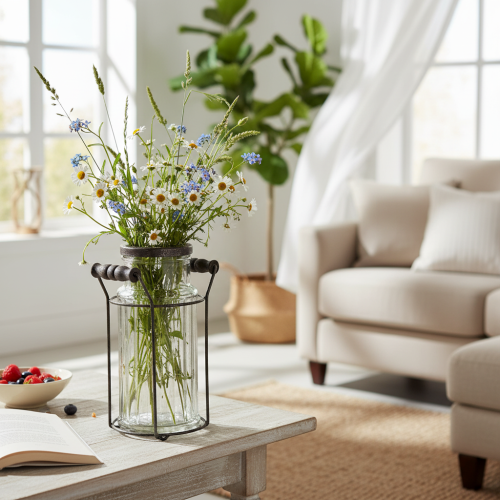 kohteita Lasipullo metallikorissa, ihanteellinen koristeeksi olohuoneeseen, 20 cm