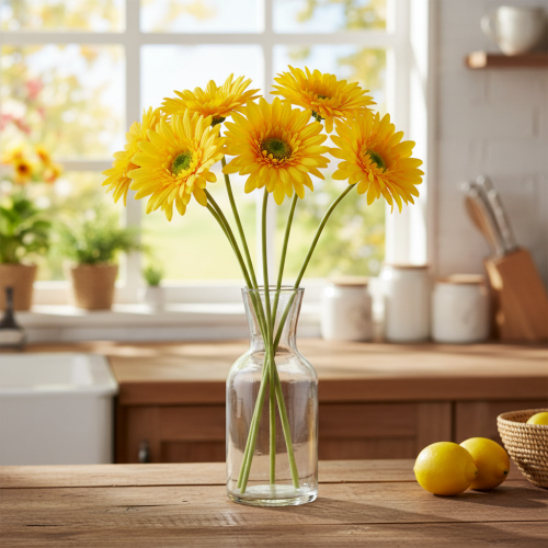 Keinotekoiset Gerbera-kukat, Aurinkokeltaiset, Puutarhakukka, 47 cm, 6 kpl | Floristik24.fi