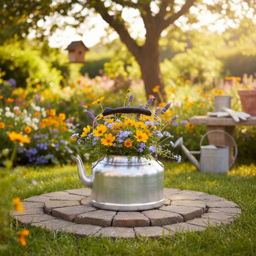 Vintage-koristeellinen teekannu/istutusastia, metallia sinkkijäljitelmällä, Ø19cm, korkeus 15cm | Floristik24.fi